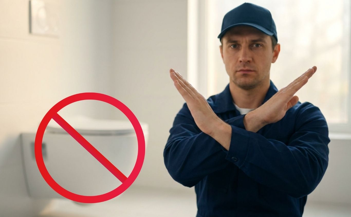 Interior de banheiro minimalista com um vaso sanitário branco. Em primeiro plano, um encanador profissional, de uniforme limpo, faz um gesto de "pare" com os braços cruzados em forma de X. Iluminação cinematográfica, resolução 8K, estilo fotorrealista, profundidade de campo suave com foco no gesto de alerta.