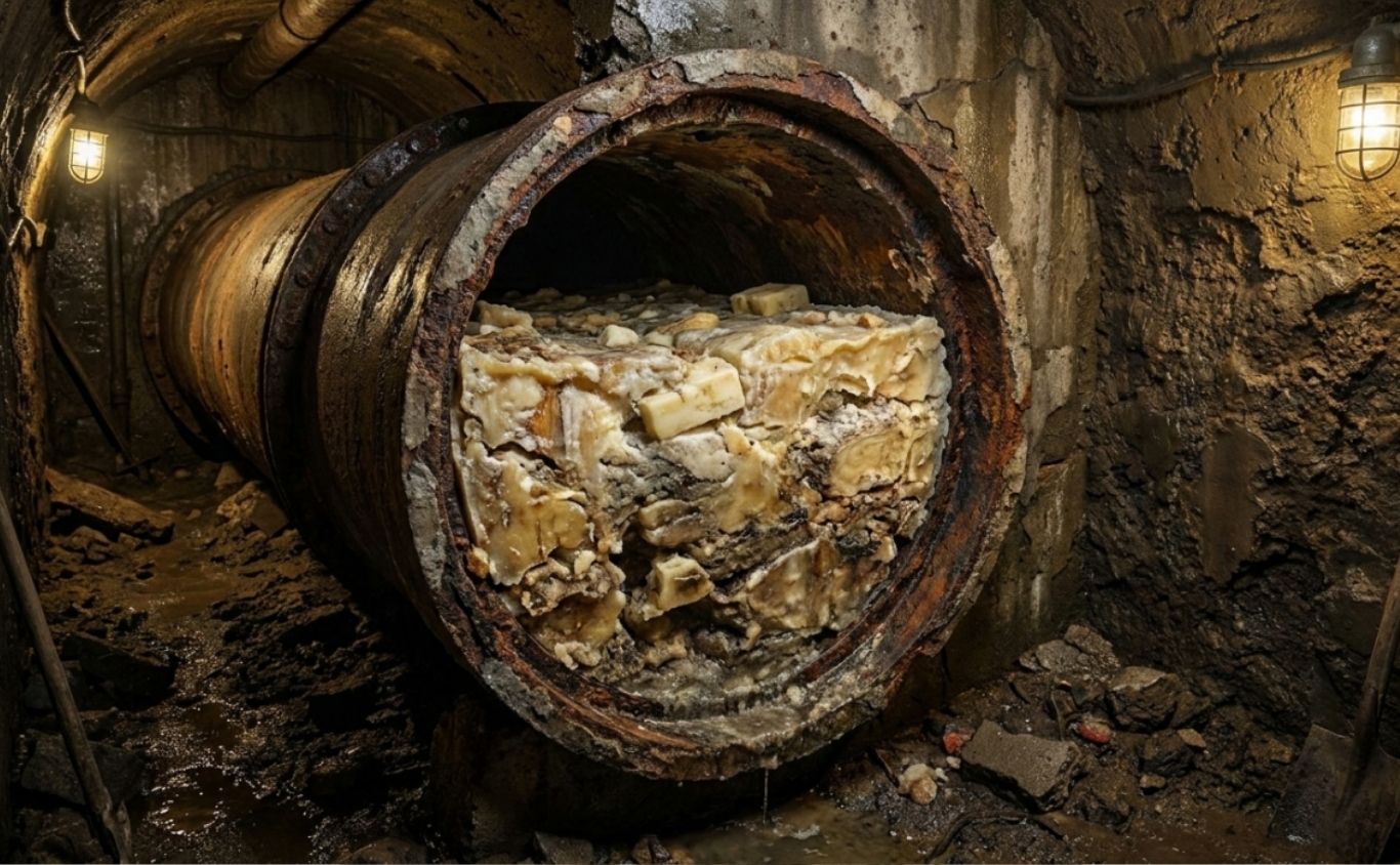 Gordura de cozinha solidificada dentro de uma tubulação de esgoto, causando bloqueio total.
