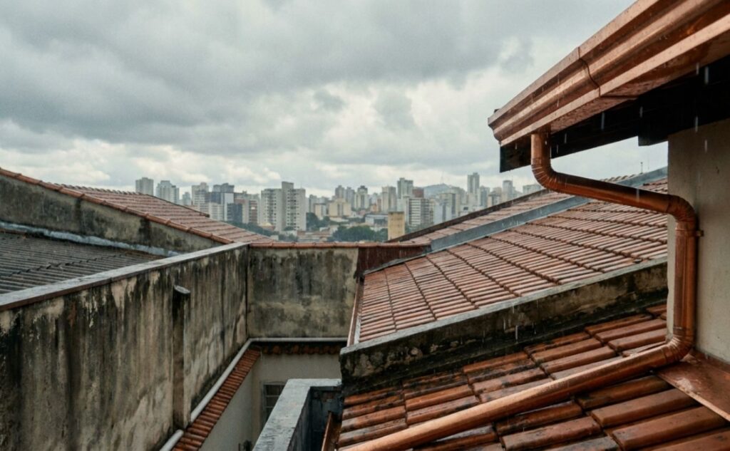 Uma vista cinematográfica da cobertura de um prédio residencial em Belo Horizonte em um dia nublado, com foco em calhas e tubulações de drenagem limpas, gotas de chuva começando a cair, estilo arquitetônico realista, resolução 4K.