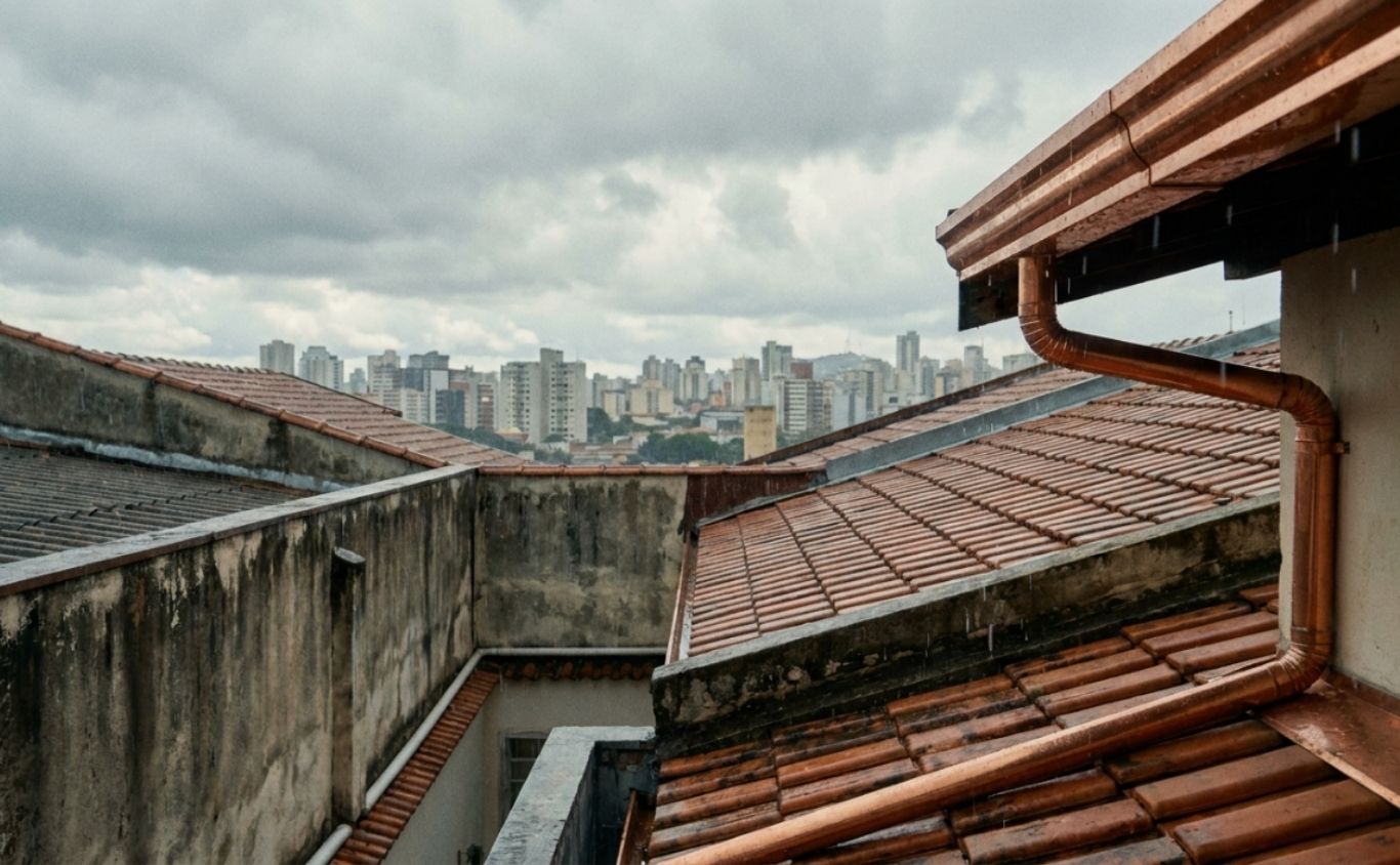 Uma vista cinematográfica da cobertura de um prédio residencial em Belo Horizonte em um dia nublado, com foco em calhas e tubulações de drenagem limpas, gotas de chuva começando a cair, estilo arquitetônico realista, resolução 4K.